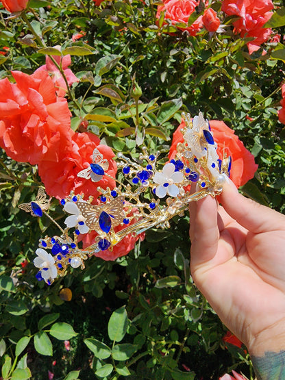 Gold Butterfly Tiara w/ Royal Blue Rhinestones, Beads & Faux Pearls (236)