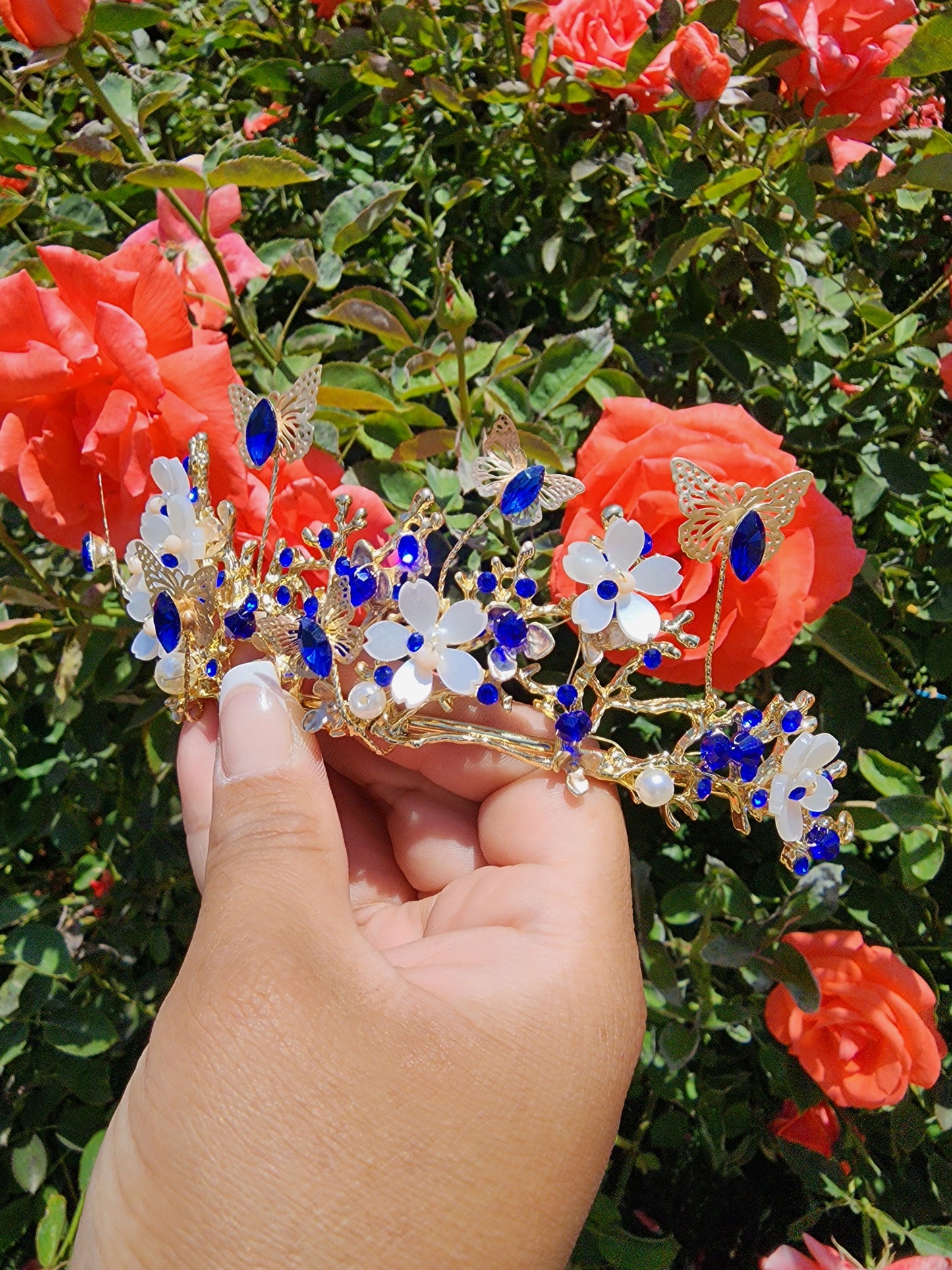 Gold Butterfly Tiara w/ Royal Blue Rhinestones, Beads & Faux Pearls (236)