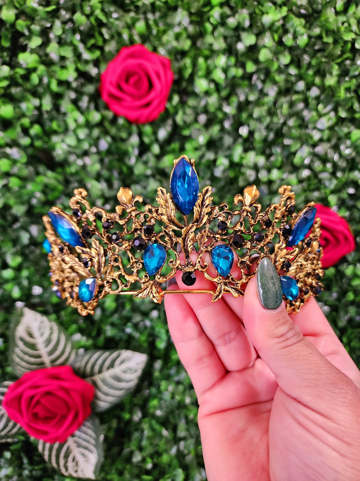 Gold Tiara with Black & Teal Rhinestones (148)