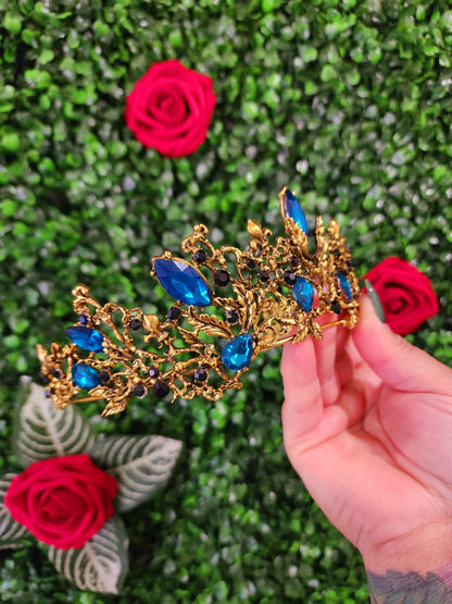 Gold Tiara with Black & Teal Rhinestones (148)