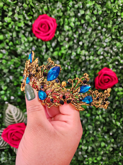 Gold Tiara with Black & Teal Rhinestones (148)