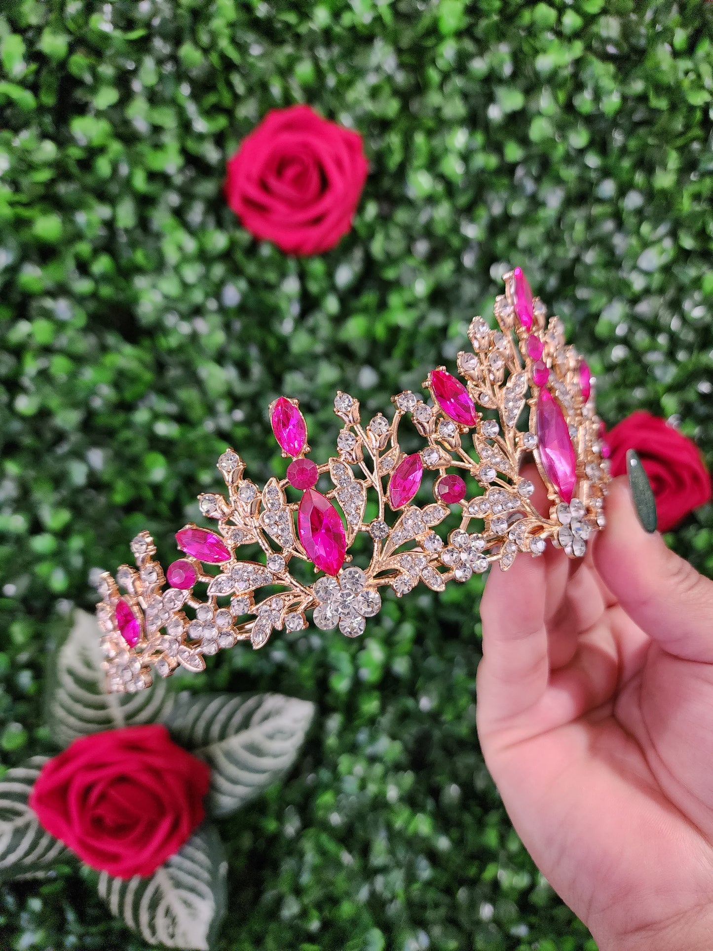 Gold Tiara with Hot Pink & Silver Rhinestones (175)