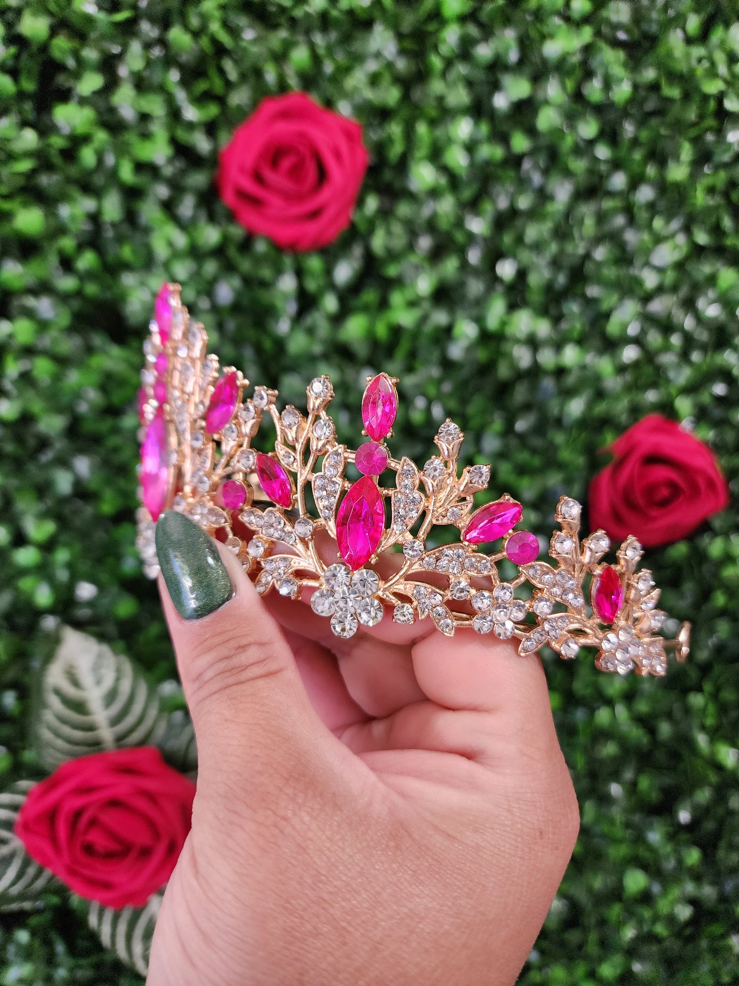 Gold Tiara with Hot Pink & Silver Rhinestones (175)