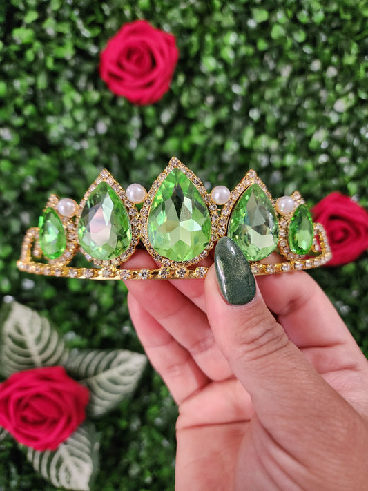 Gold Tiara with Lime Green & Silver Rhinestone and Faux Pearls (251)