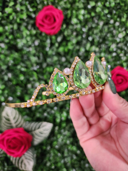 Gold Tiara with Lime Green & Silver Rhinestone and Faux Pearls (251)