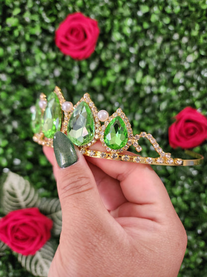 Gold Tiara with Lime Green & Silver Rhinestone and Faux Pearls (251)