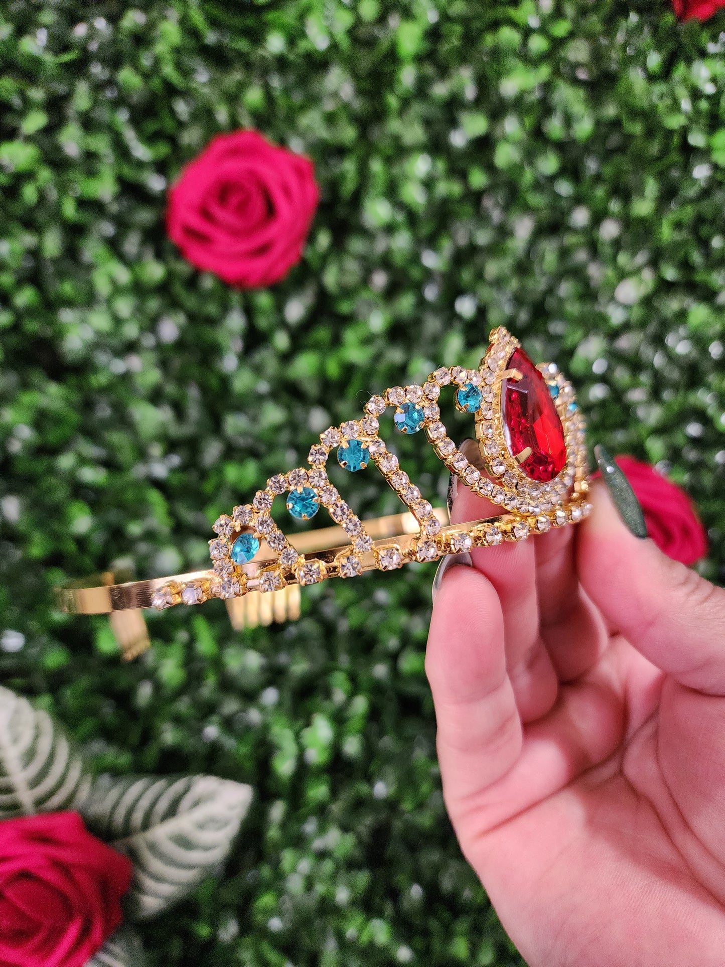 Kid's Gold Tiara with Red, Baby Blue & Silver Rhinestones (250)