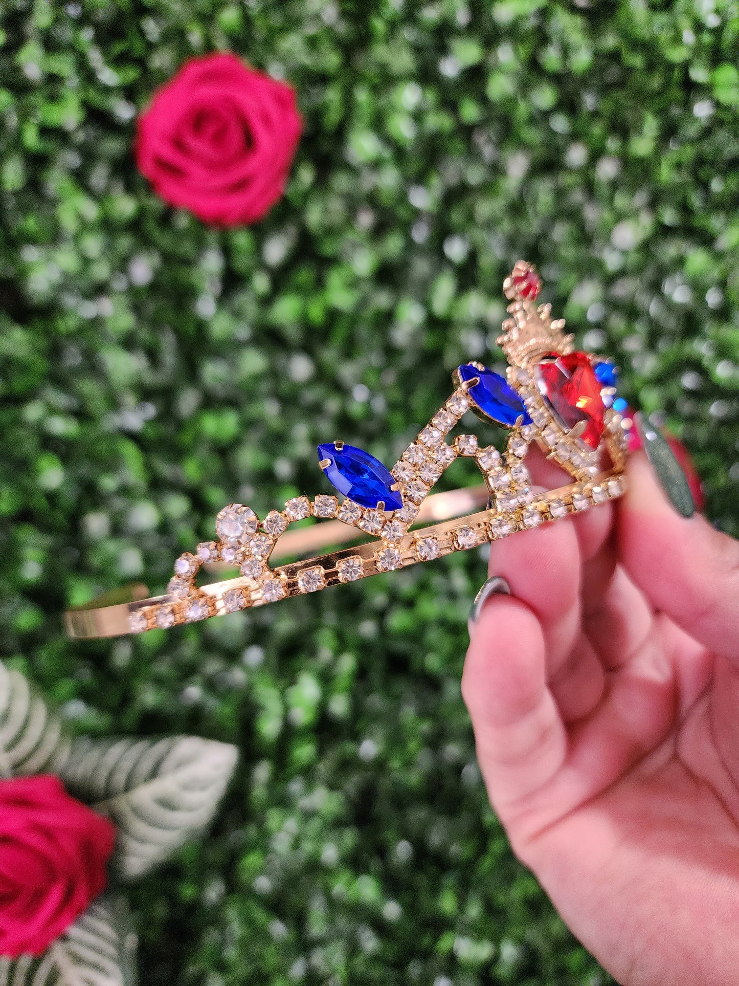 Kid's Gold Tiara with Red Heart Rhinestone, Blue & Silver Rhinestones (246)