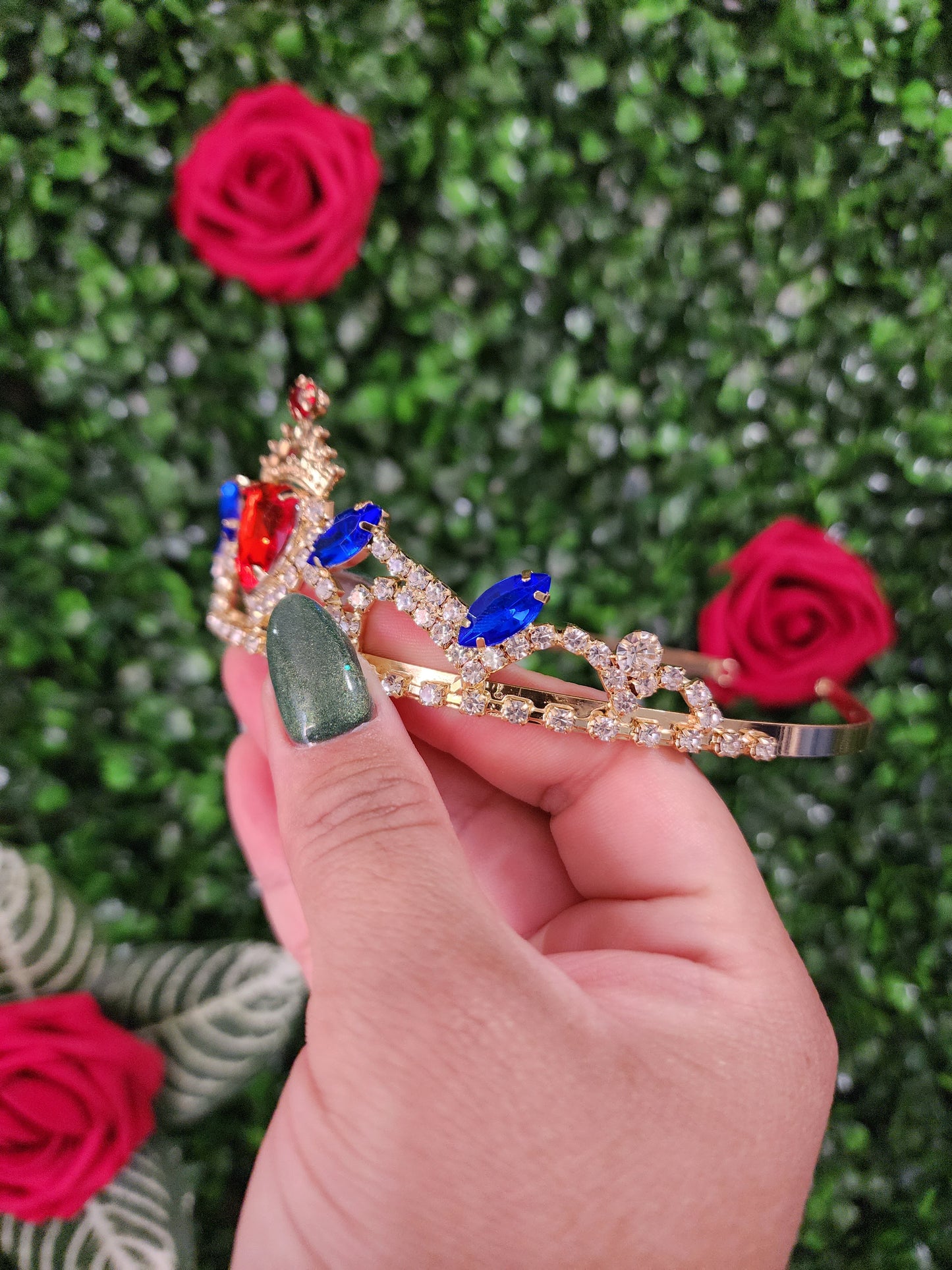 Kid's Gold Tiara with Red Heart Rhinestone, Blue & Silver Rhinestones (246)