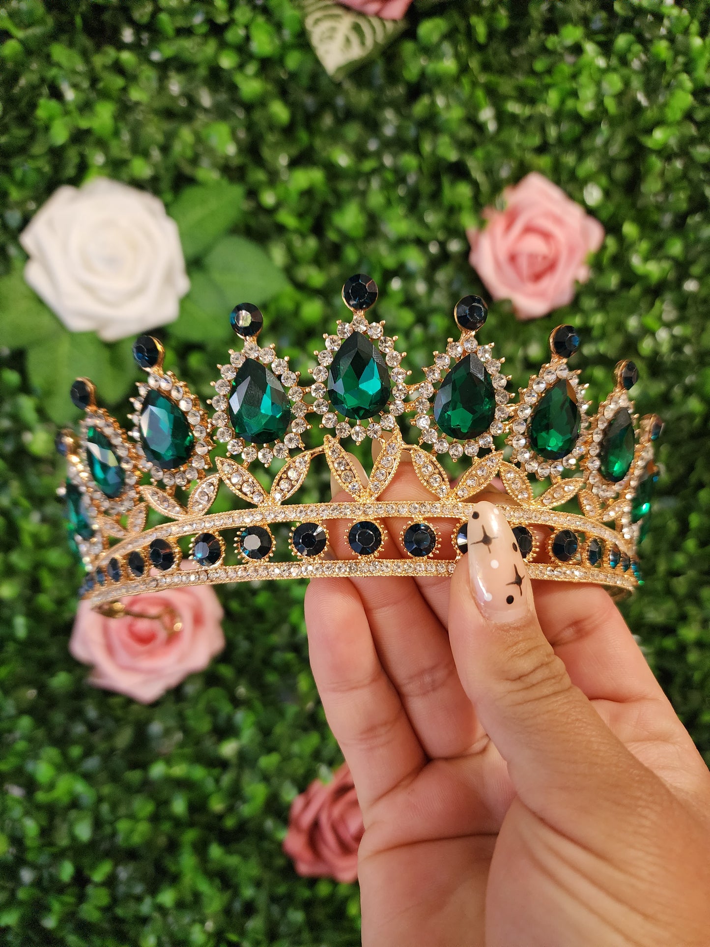 Gold Tiara with Green Rhinestones (108)