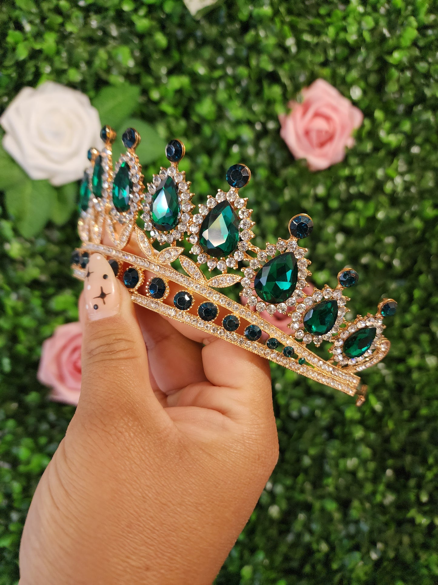 Gold Tiara with Green Rhinestones (108)