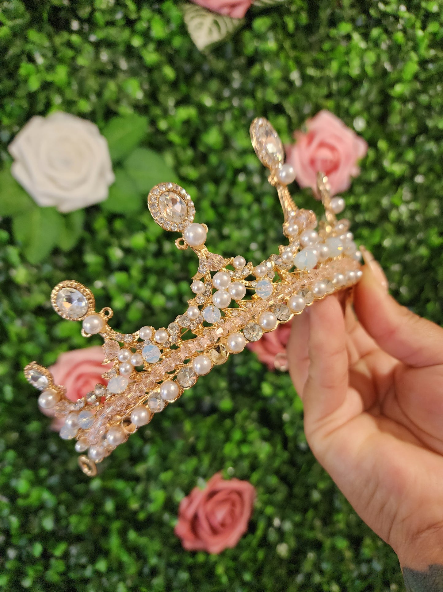 Gold Tiara with Rhinestones, Beads & Faux Pearls (185)