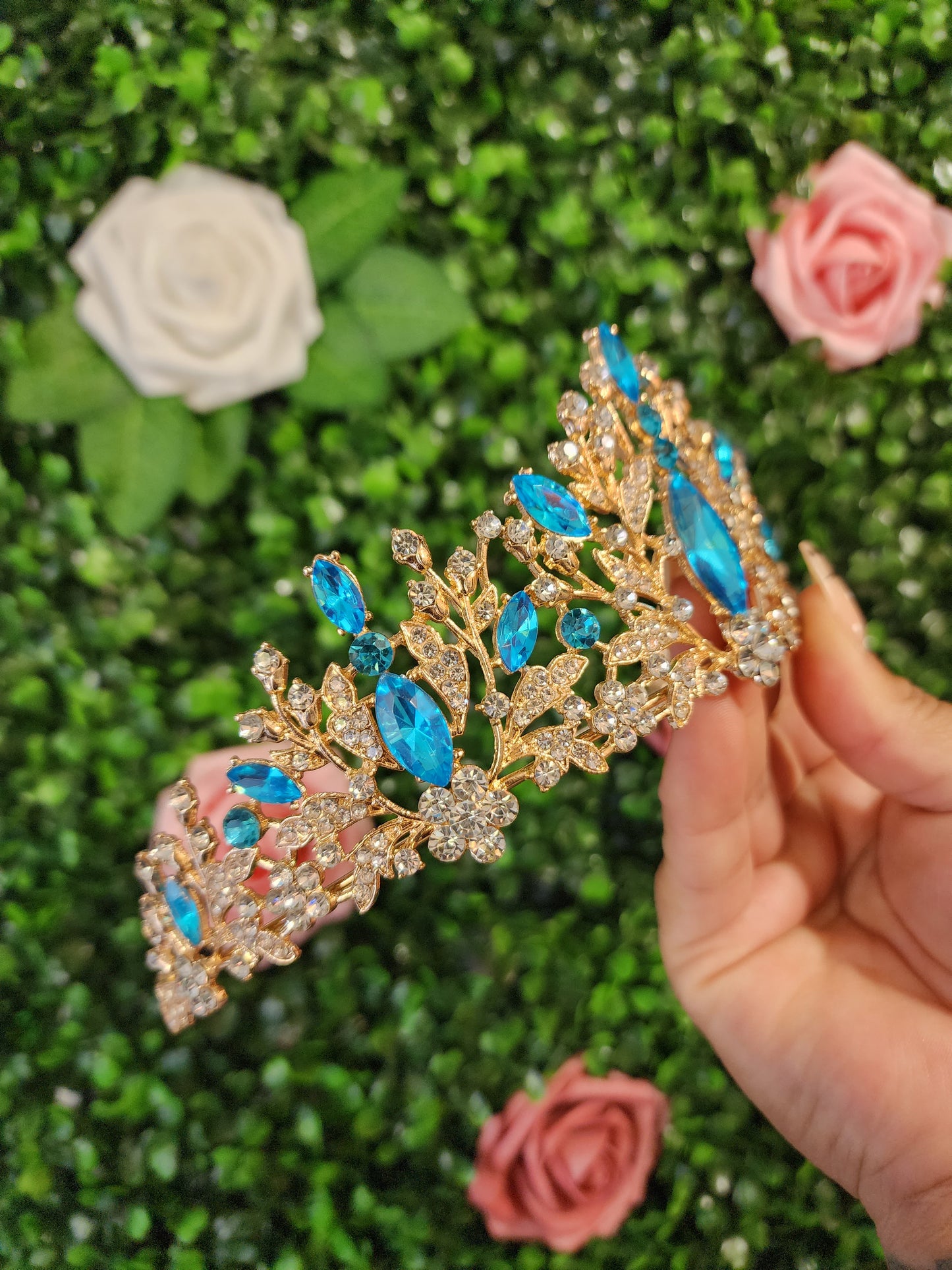 Gold Tiara with Turquoise & Silver Rhinestones (174)