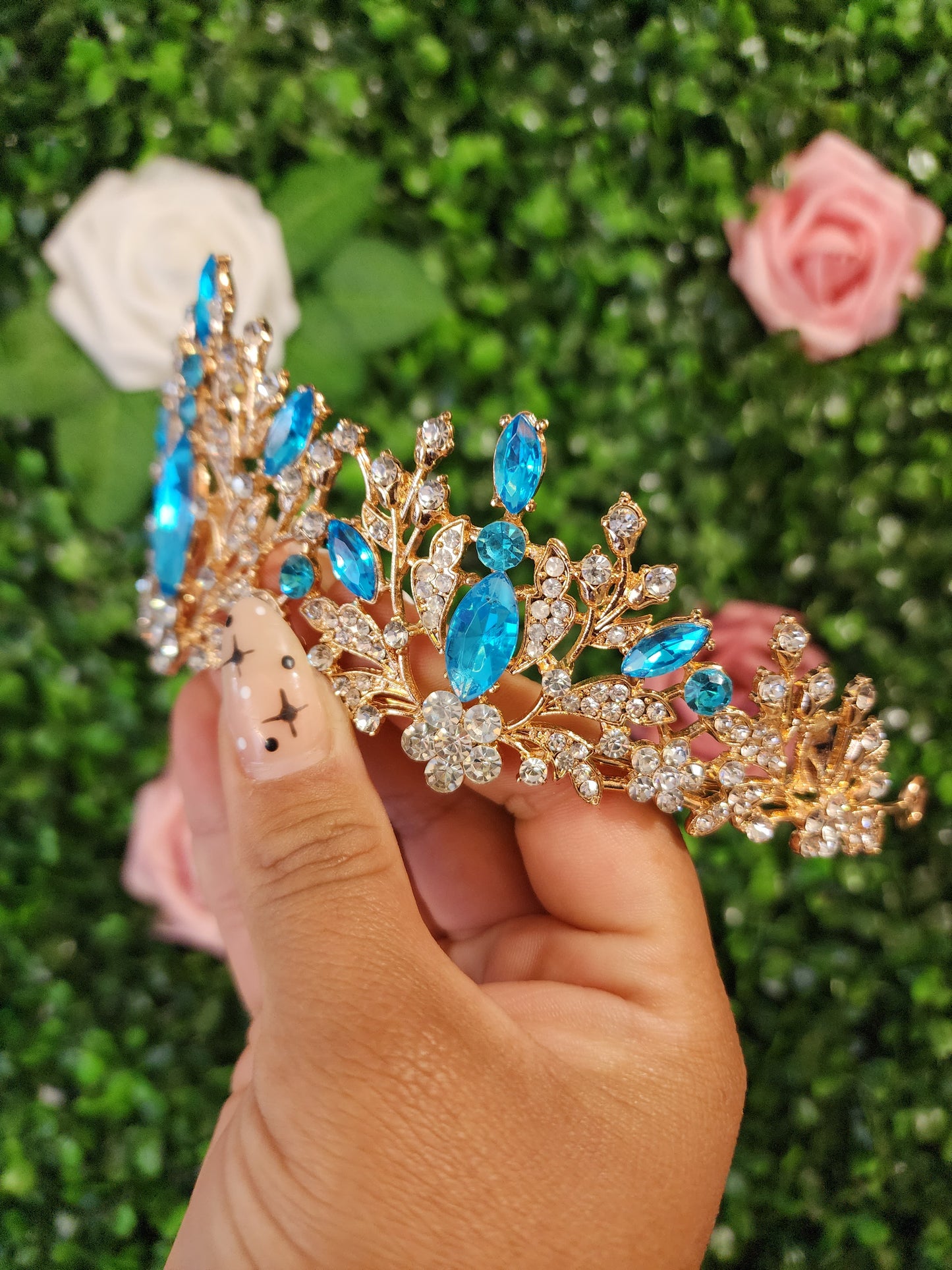 Gold Tiara with Turquoise & Silver Rhinestones (174)