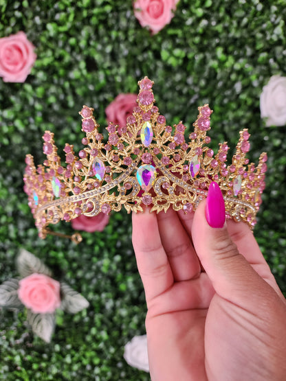 Gold Tiara with Pink & Iridescent Rhinestones (261)