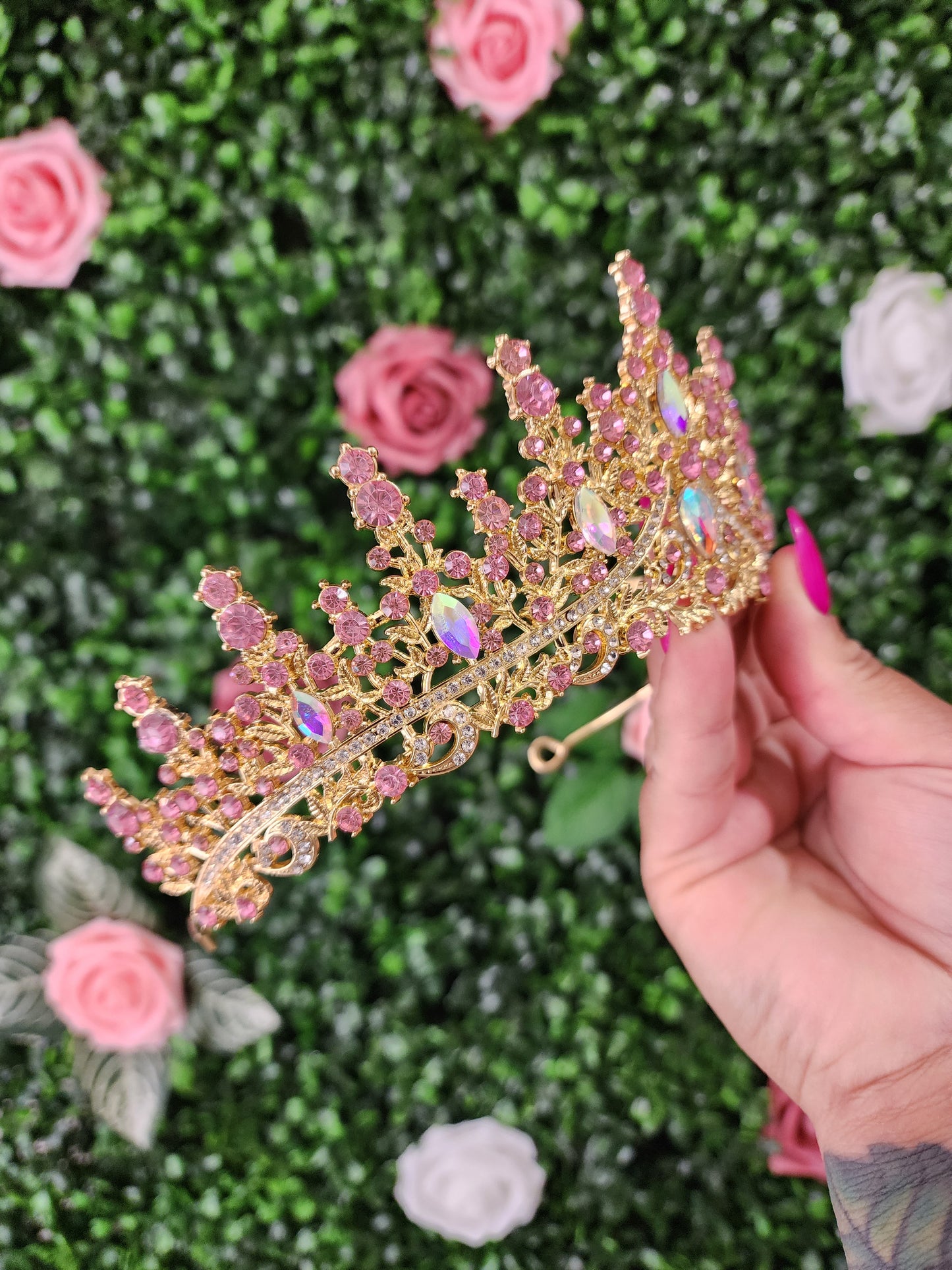 Gold Tiara with Pink & Iridescent Rhinestones (261)