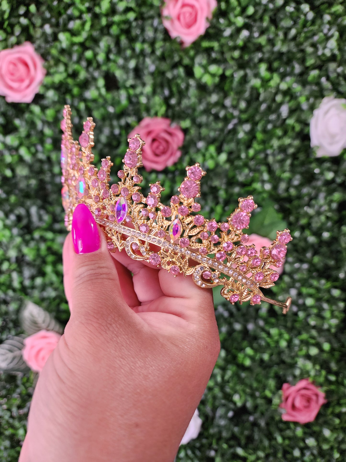 Gold Tiara with Pink & Iridescent Rhinestones (261)