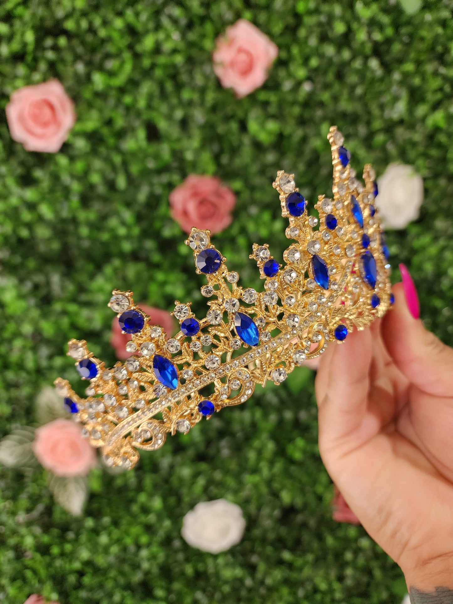 Gold Tiara with Blue & Silver Rhinestones (265)