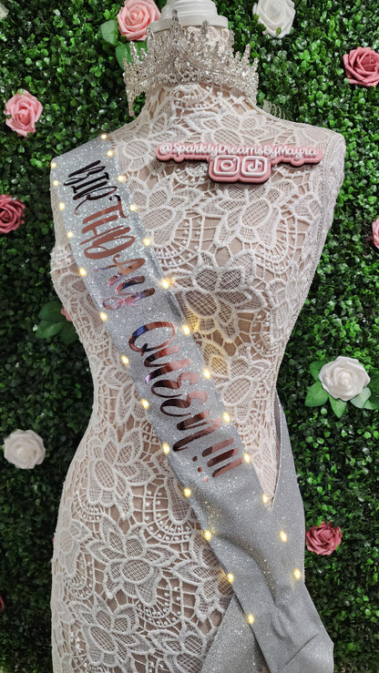 Custom Glitter Light-Up Sash | Personalized LED Party Sash for Birthdays, Brides, Bachelorettes, Sweet 16, Quinceañera (Extra Length OVER 66 inches)