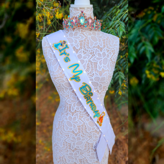 Whole New World Princess Light Up Birthday Sash | Light Up Birthday Celebration LED Party Accessory