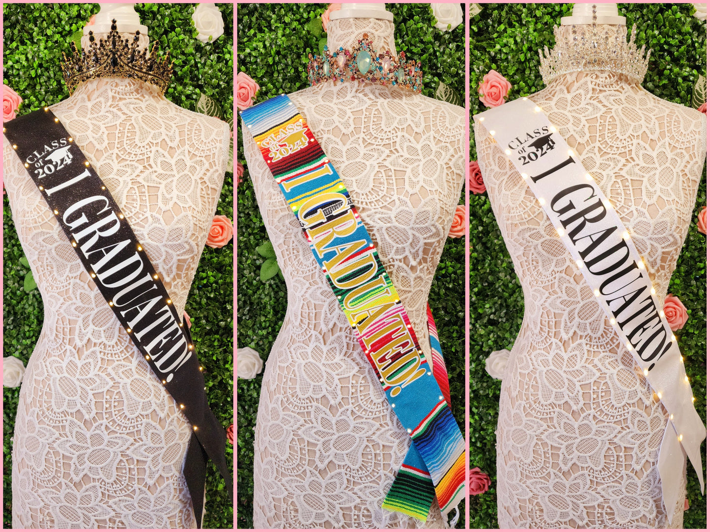 "Class of 2024 I GRADUATED!" Light Up Sash |  Black | White | Serape