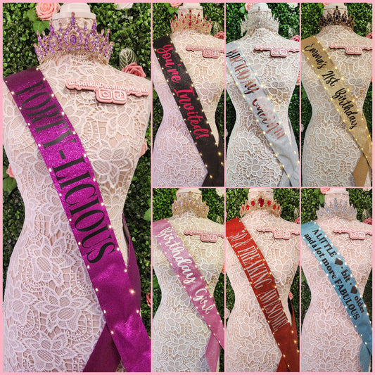 Custom Glitter Light-Up Sash | Personalized LED Party Sash for Birthdays, Brides, Bachelorettes, Sweet 16, Quinceañera (Extra Length OVER 66 inches)