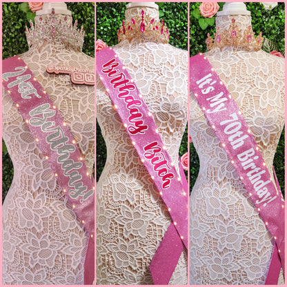 Custom Glitter Light-Up Sash | Personalized LED Party Sash for Birthdays, Brides, Bachelorettes, Sweet 16, Quinceañera (Extra Length OVER 66 inches)