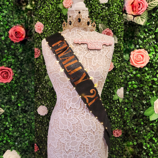 FINALLY 21 Light Up Birthday Sash | Black Sash with Rose Gold Foil, Light Up 21st celebration LED Party Accessory