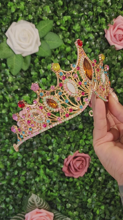 Gold Tiara with Multicolored Rhinestones (125)