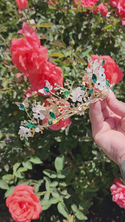 Gold Butterfly Tiara w/ Green Rhinestones, Beads & Faux Pearls (234)