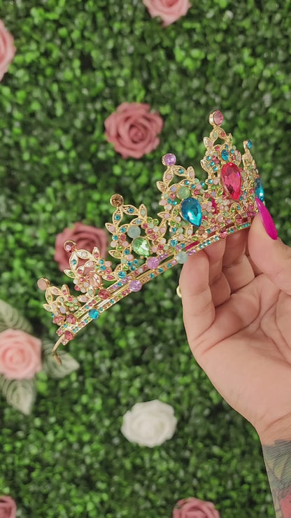 Gold Tiara with Multicolored Rhinestones (260)