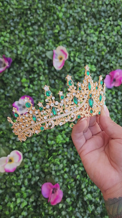 Gold Tiara with Green & Silver Rhinestones (227)