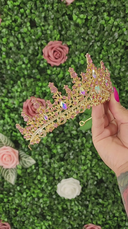 Gold Tiara with Pink & Iridescent Rhinestones (261)