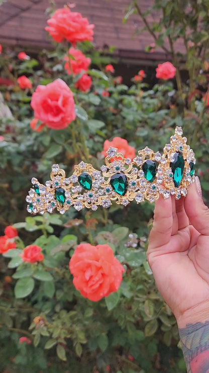 Gold Tiara with Green & Silver Rhinestones (169)