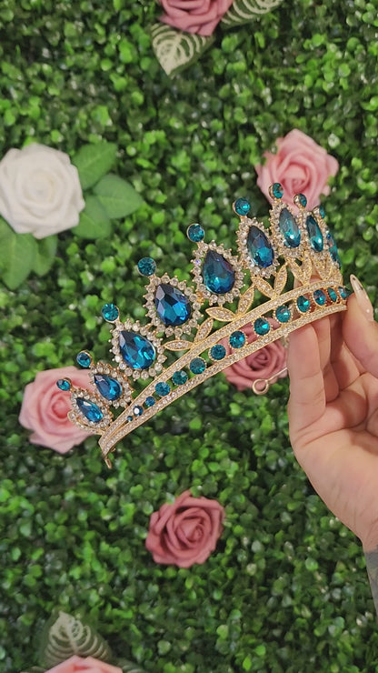 Gold Tiara with Aqua Blue Rhinestones (194)