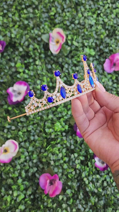 Gold Tiara with Silver & Blue Rhinestones (230)