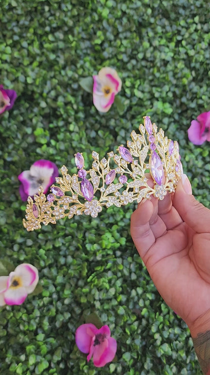 Light Gold Tiara with Lilac & Silver Rhinestones (222)