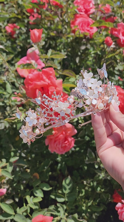 Rose Gold Butterfly Tiara w/ Beads & Faux Pearls (87)