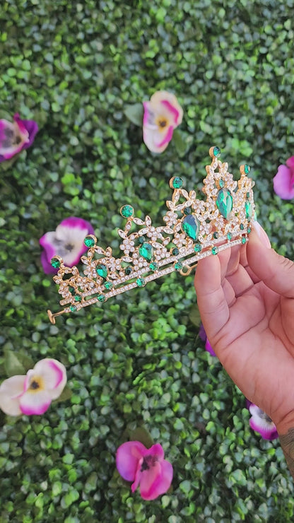 Gold Tiara with Green & Silver Rhinestones (228)