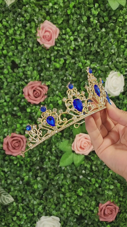 Gold Tiara with Blue & Silver Rhinestones (130)