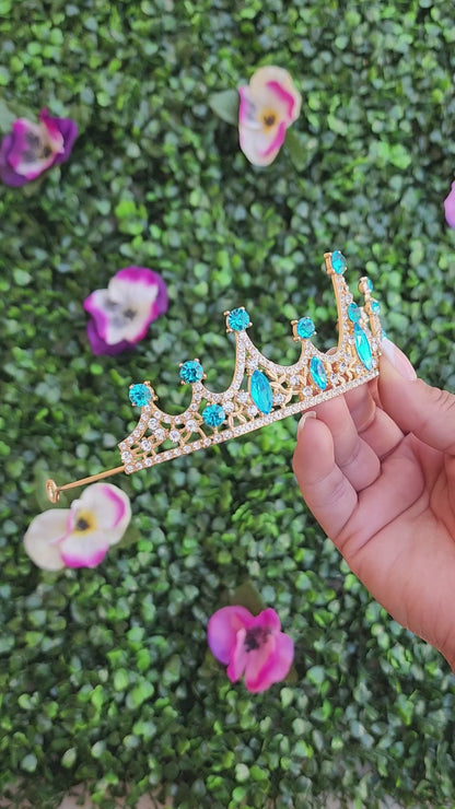 Gold Tiara with Teal & Silver Rhinestones (229)