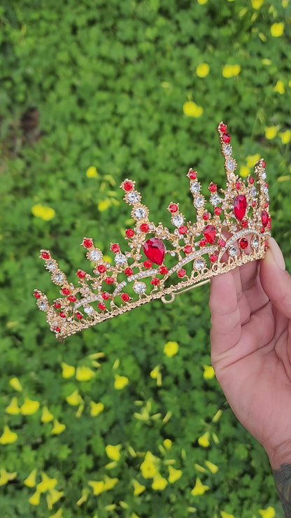 Gold Tiara with Red & Silver Rhinestones (208)