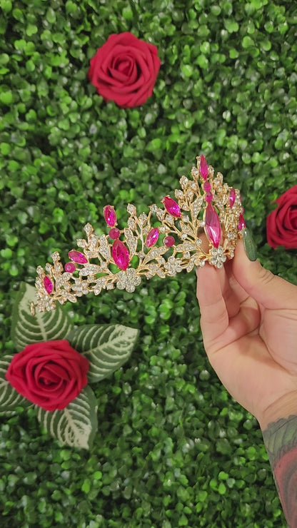 Gold Tiara with Hot Pink & Silver Rhinestones (175)