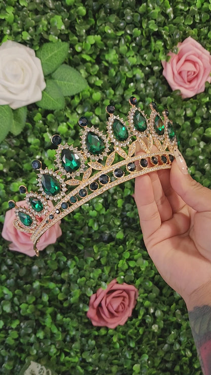 Gold Tiara with Green Rhinestones (108)