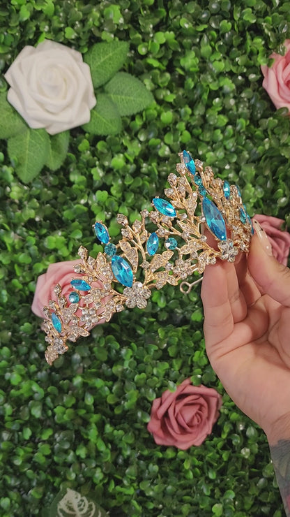 Gold Tiara with Turquoise & Silver Rhinestones (174)