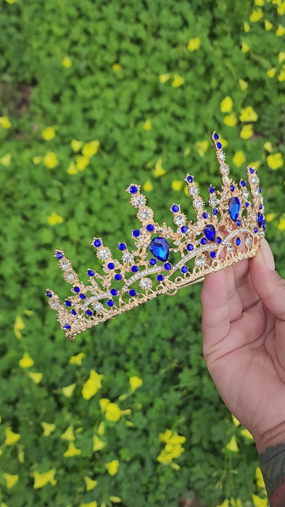 Gold Tiara with Silver and Blue Rhinestones (203)