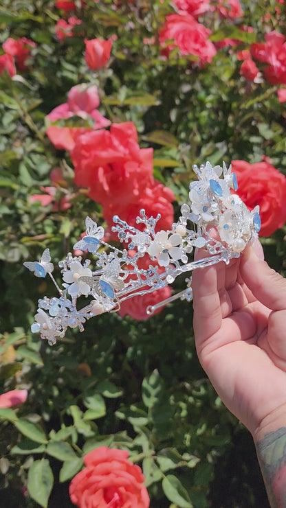 Silver Butterfly Tiara w/ Baby Blue Rhinestones, Beads & Faux Pearls (239)