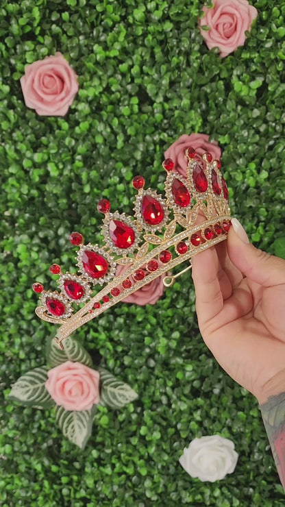 Gold Tiara with Red & Silver Rhinestones (109)