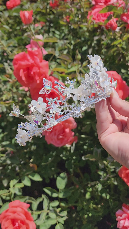 Silver Butterfly Tiara w/ Iridescent Rhinestones, Beads & Faux Pearls (190)