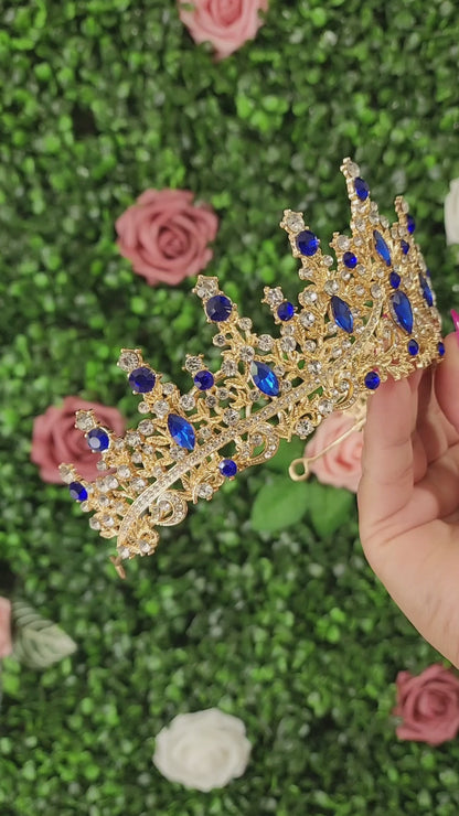 Gold Tiara with Blue & Silver Rhinestones (265)